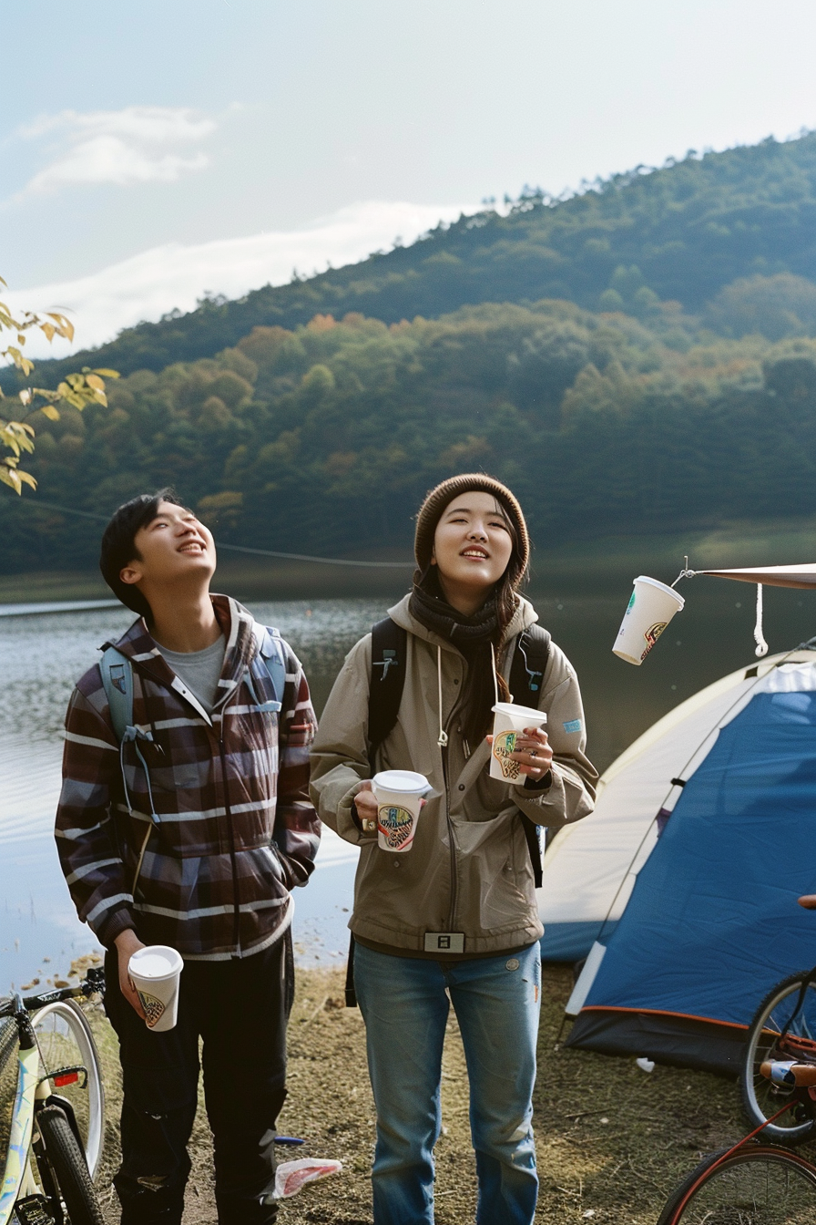 Asian couple camping by lakeside