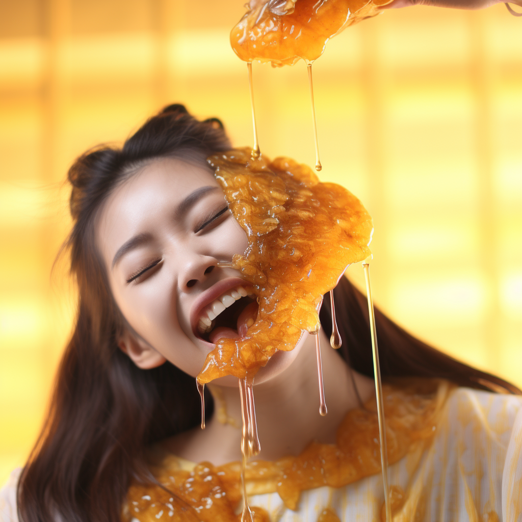 Happy Asian Girl with Honey Face Mask