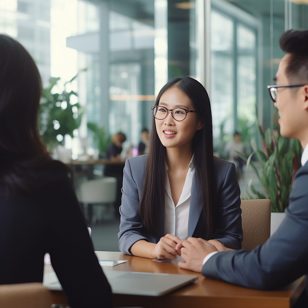 Asian lady interviewing young male in office