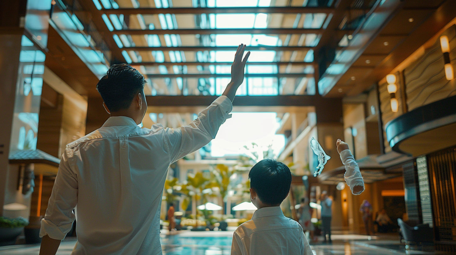 Asian male hotel staff waving goodbye