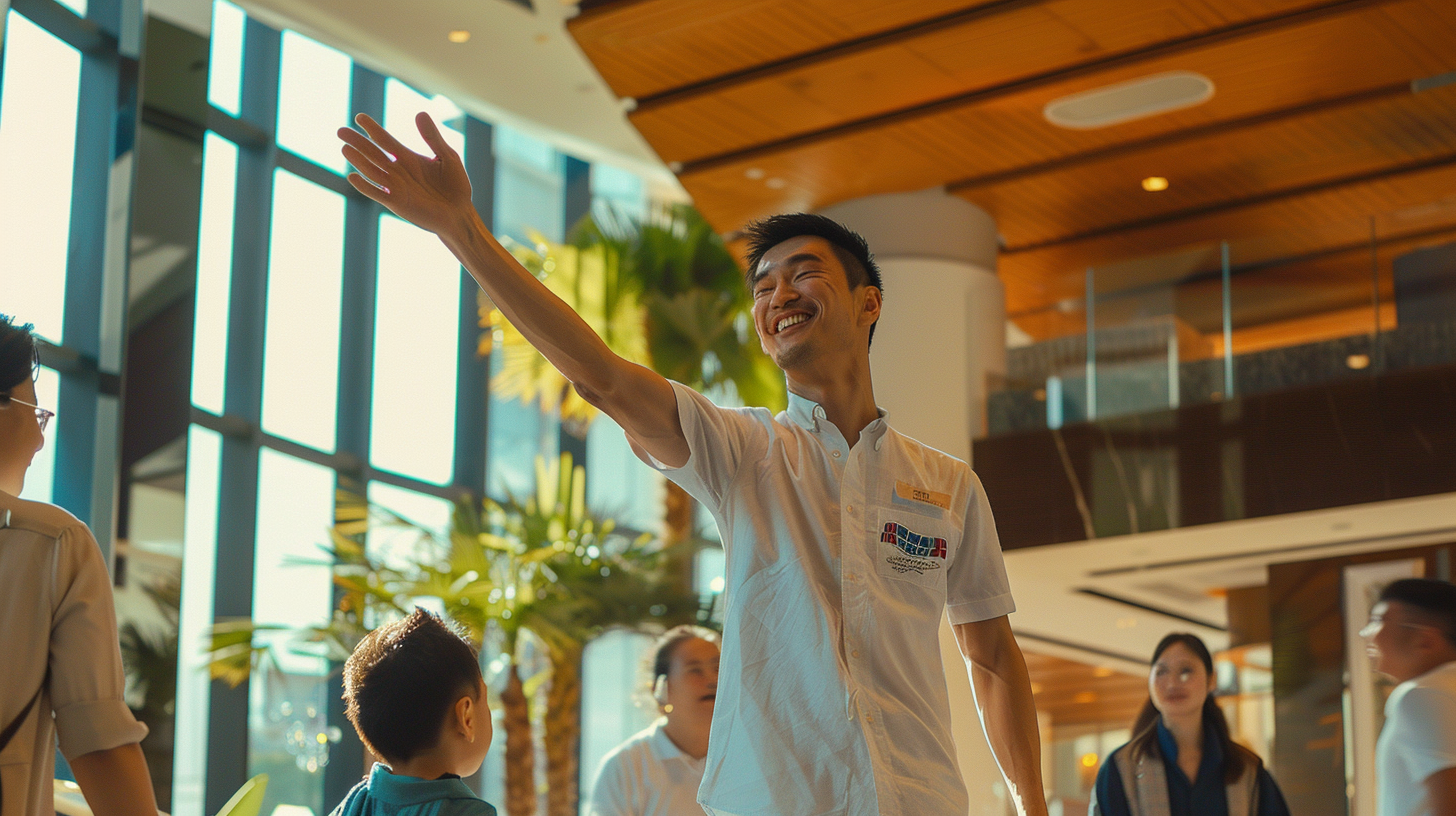 Asian male hotel staff waving goodbye