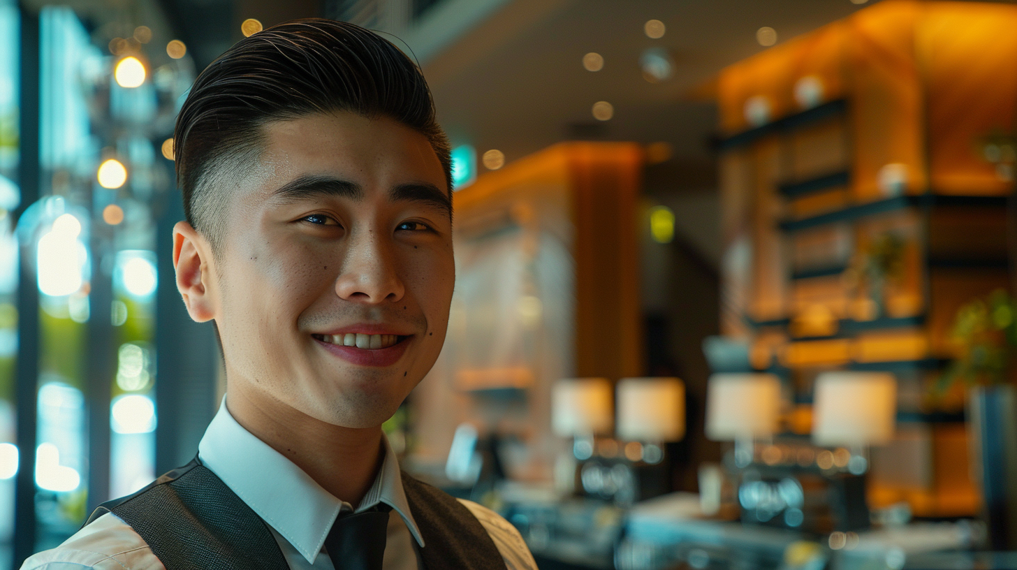 Asian male staff winking at modern hotel