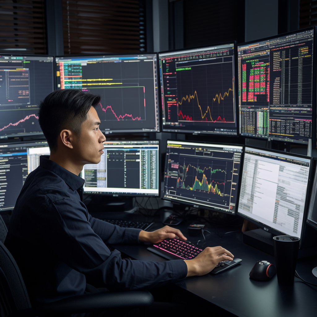 Asian man trader with computer code