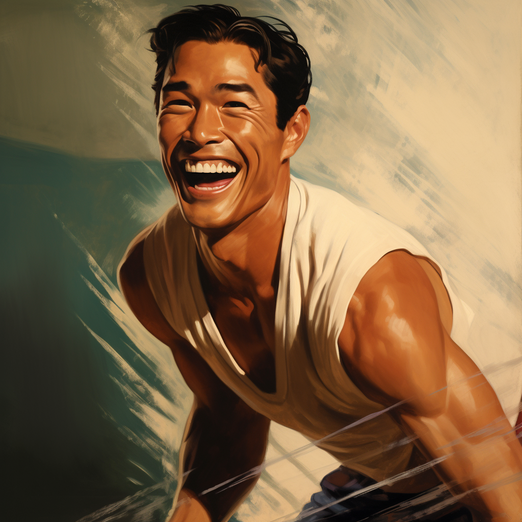 Smiling Asian Male Surfer Gil Elvgren