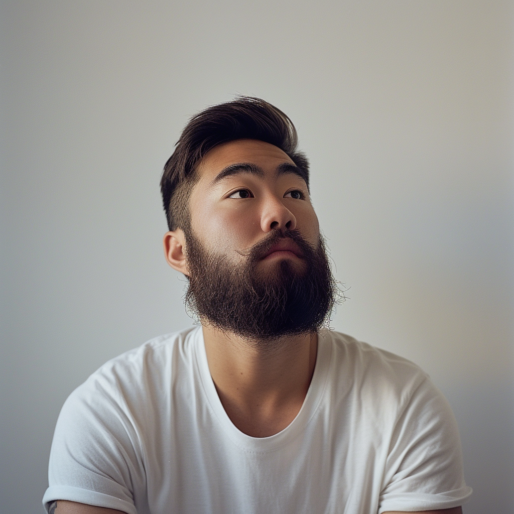 Asian man with beard in model pose