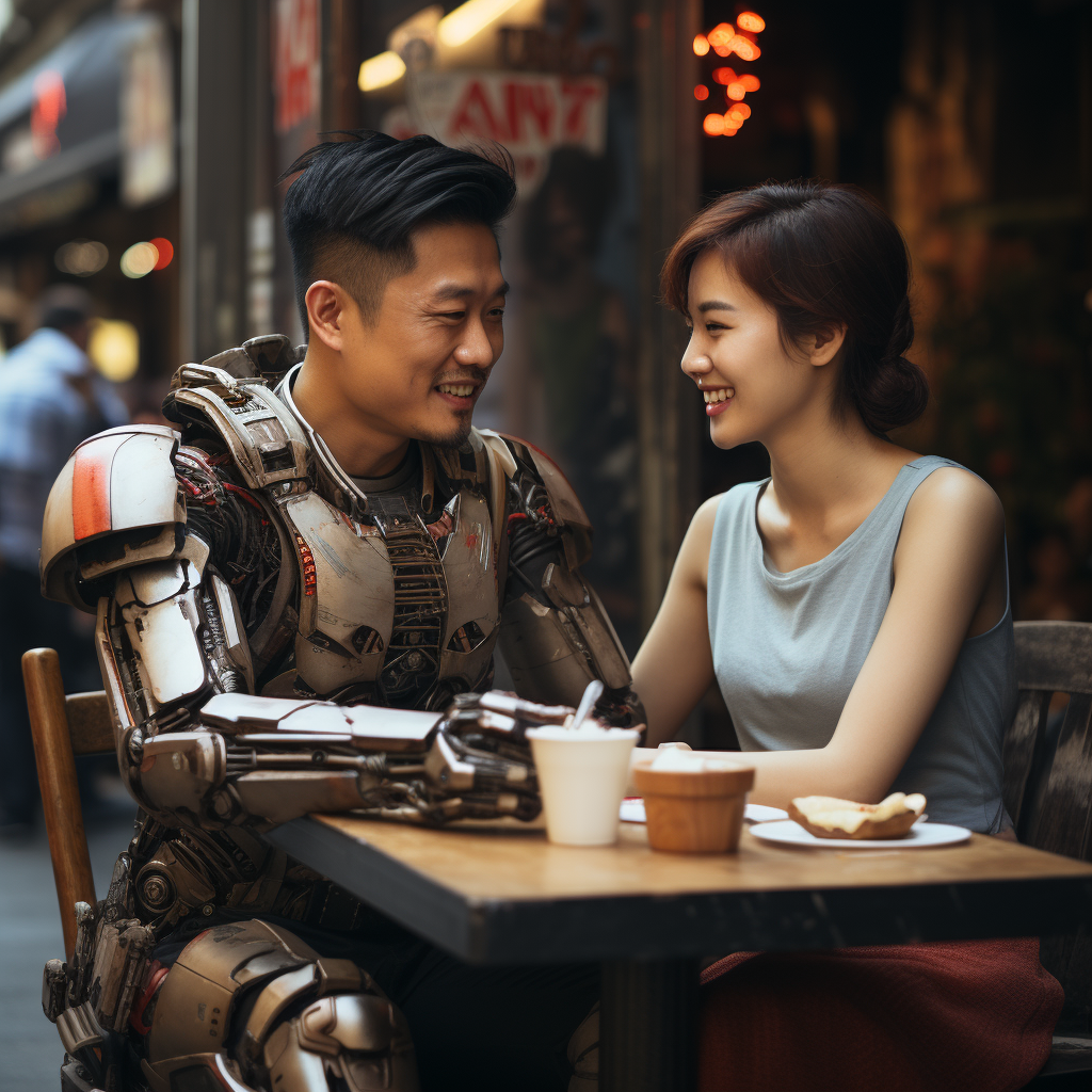 Asian man on a date with a robot woman