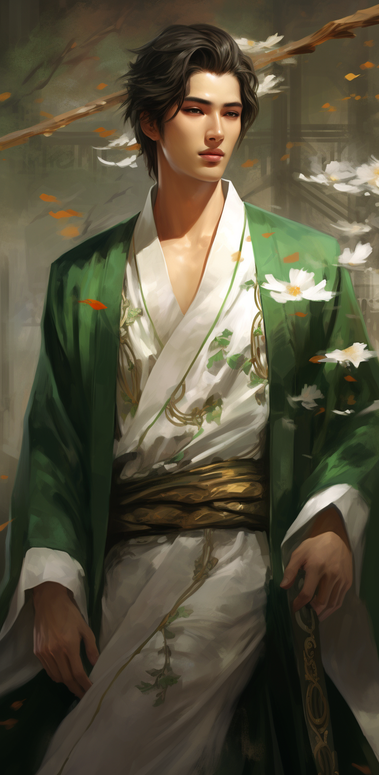 Handsome Asian man dressed in green and white