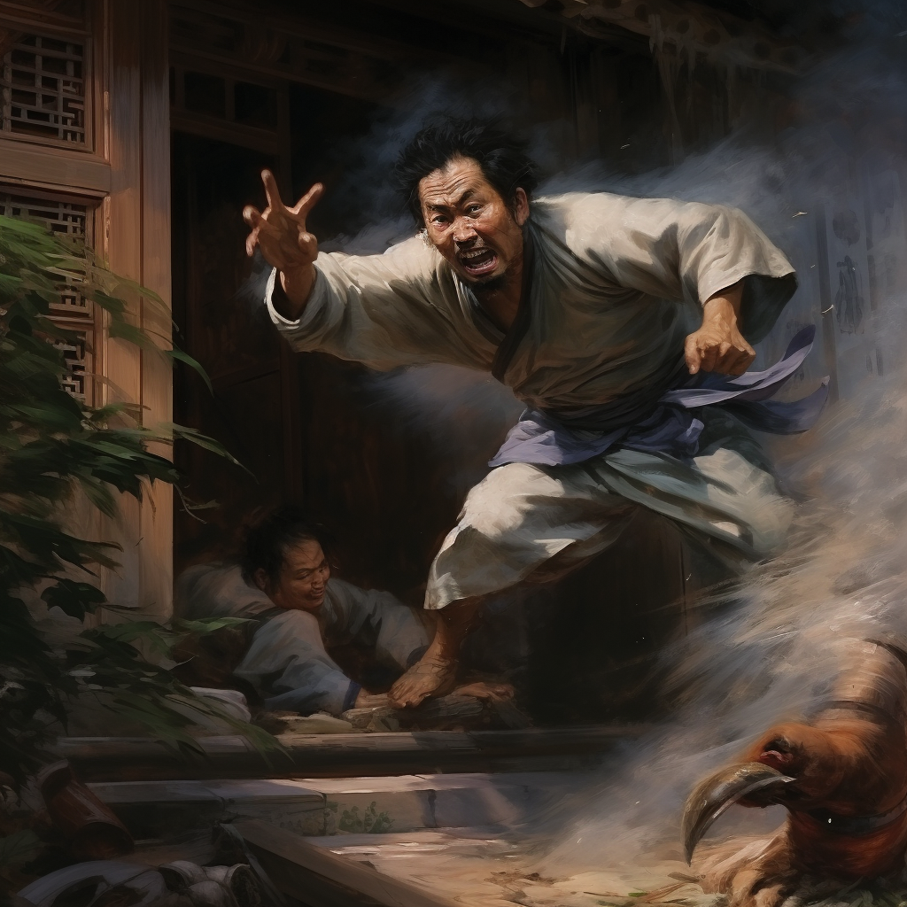 Asian man kicking someone out