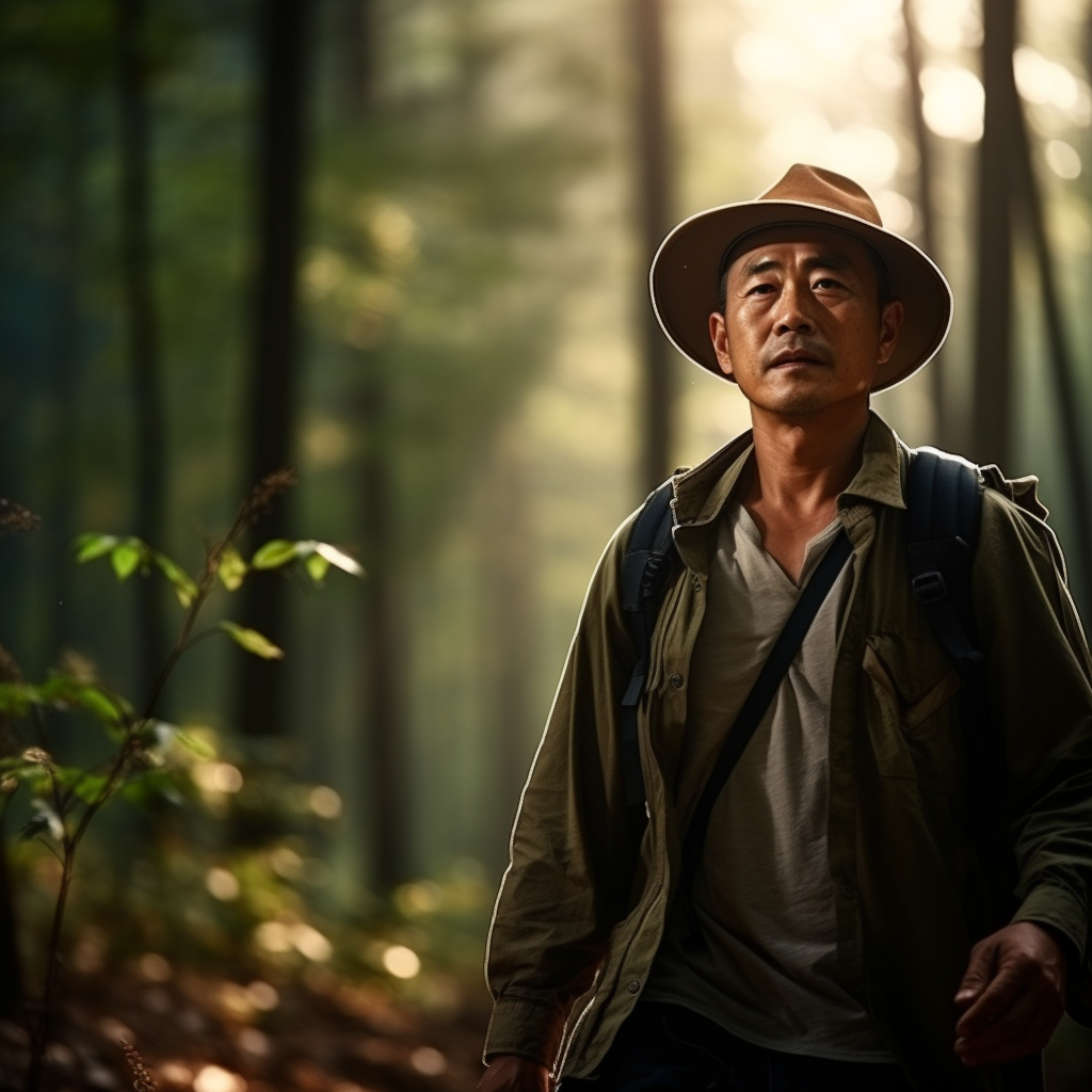 Asian man enjoying nature walk