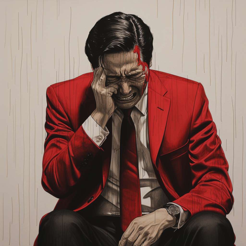 Asian man sobbing with red cloth