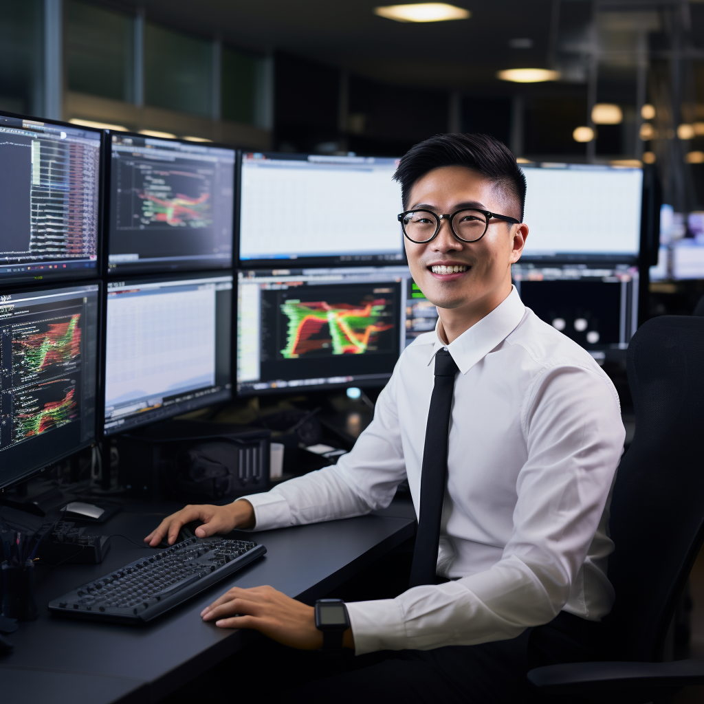 Asian man quantitative trader smiling at camera