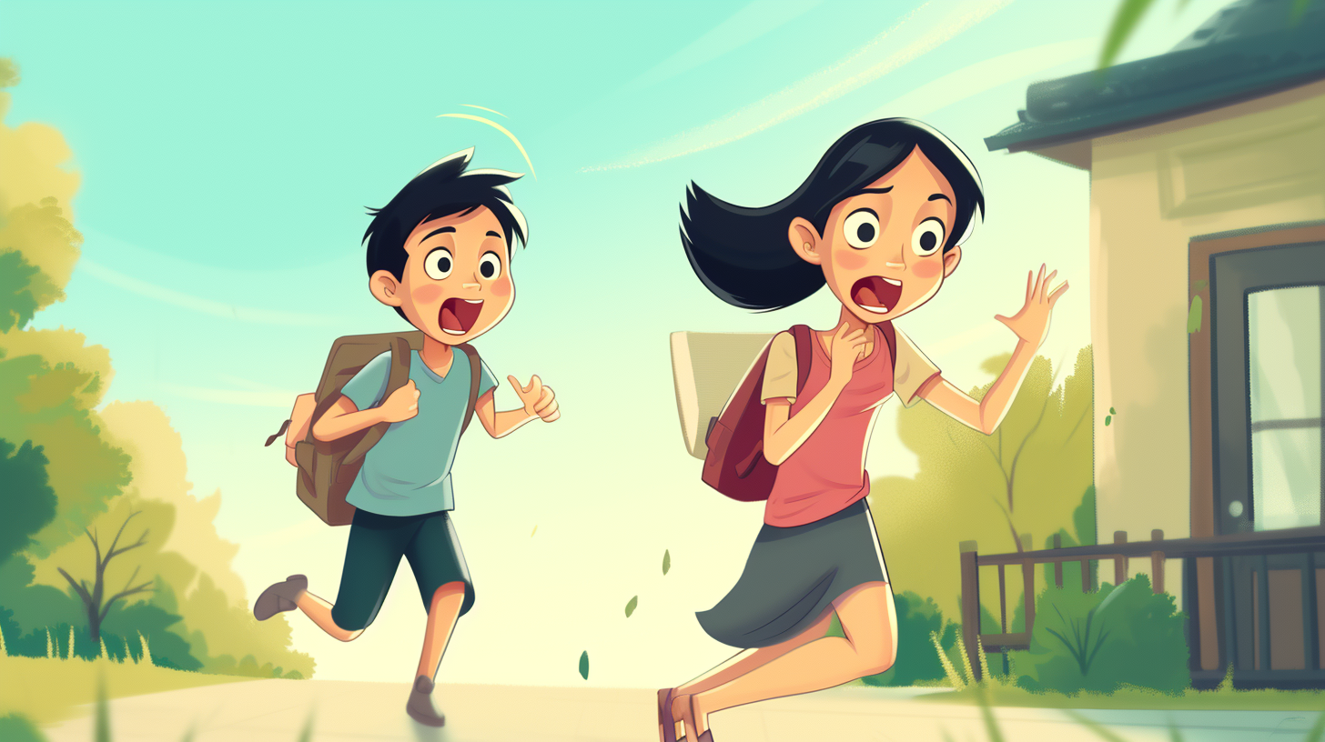 Asian mom chasing her son in Shin-Chan cartoon style