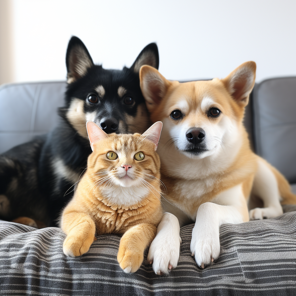 Asian owner with cats and dogs