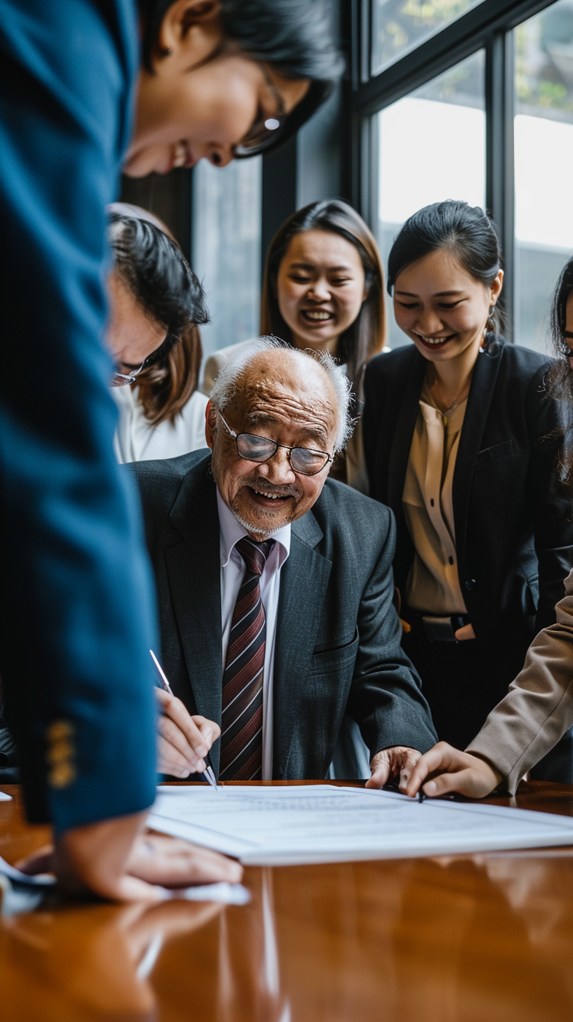 Asian people signing paperwork at office table