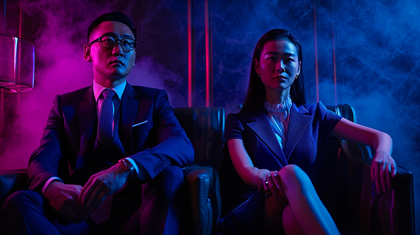 Asian businessman and businesswoman sitting on quantum throne