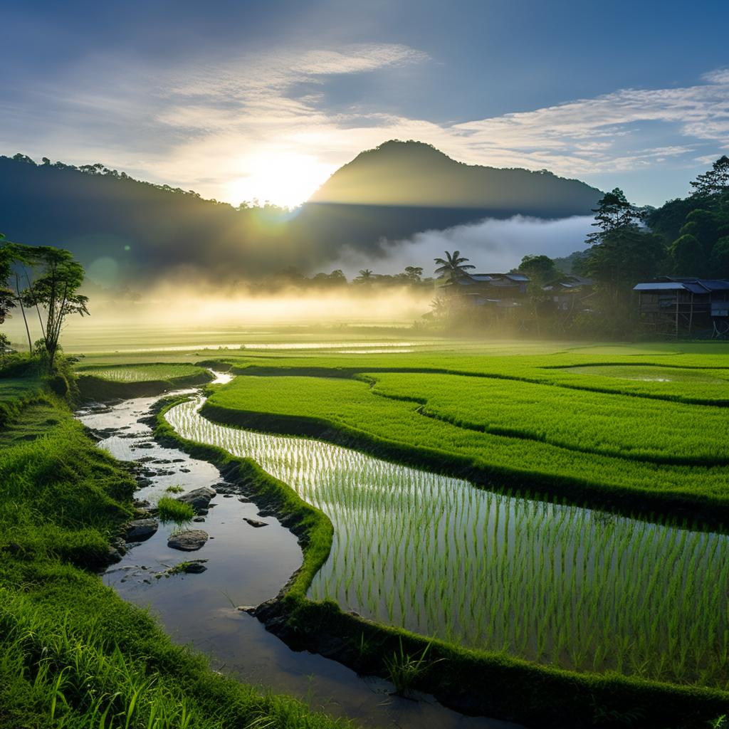 Serene Asian Rice Field Sunrise