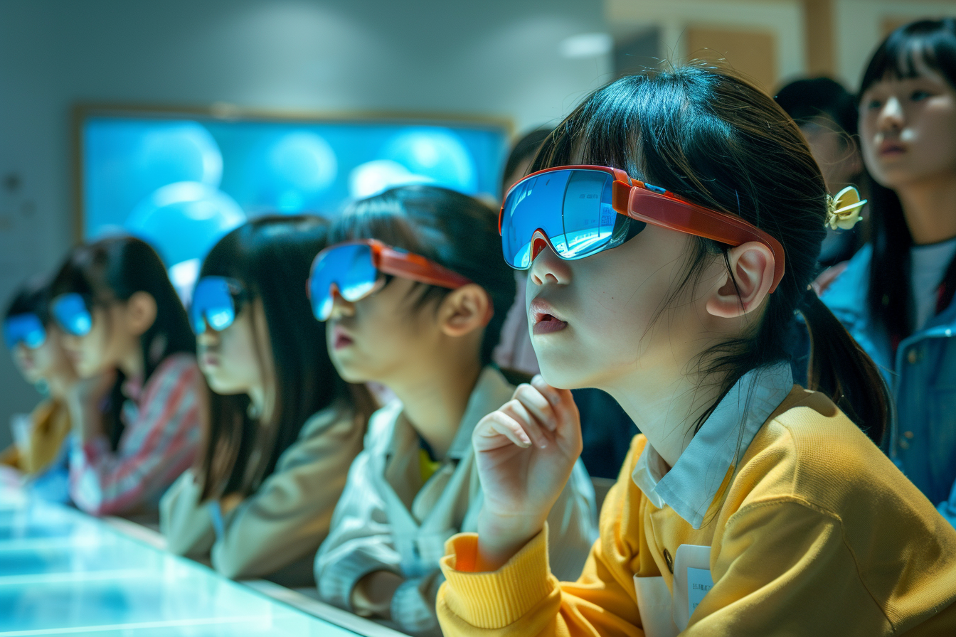 Young Asian school children at science museum