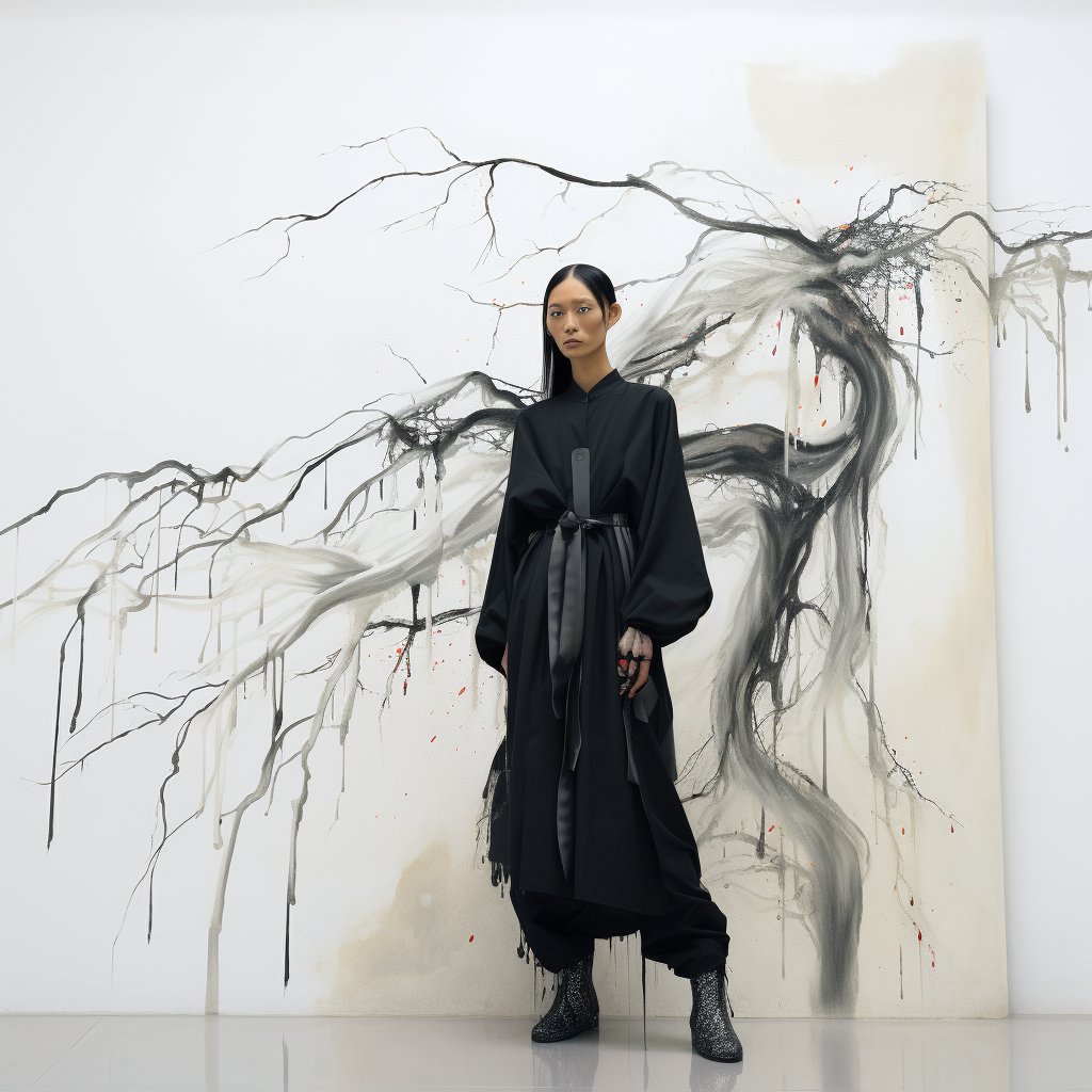 Asian supermodel in Rick Owens clothes with abstract tree