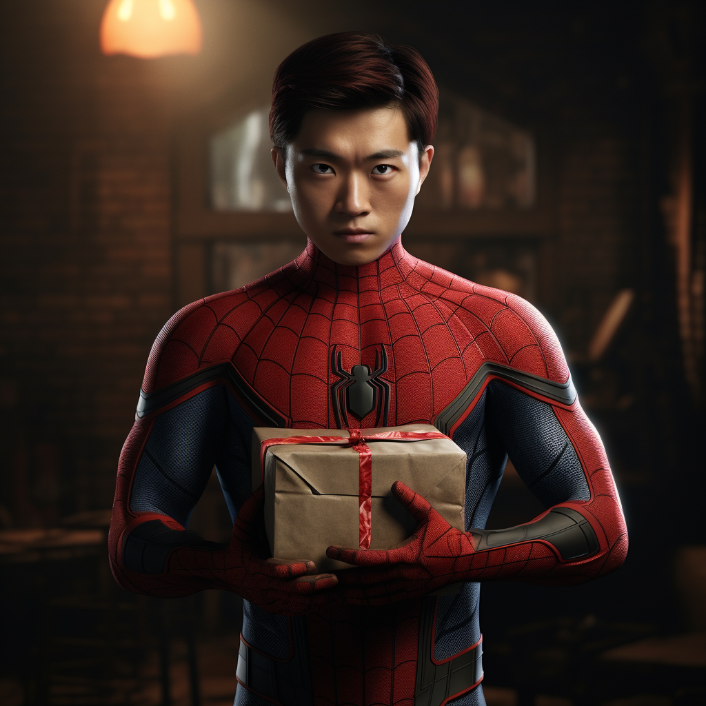 Asian Spider-Man holding an empty box