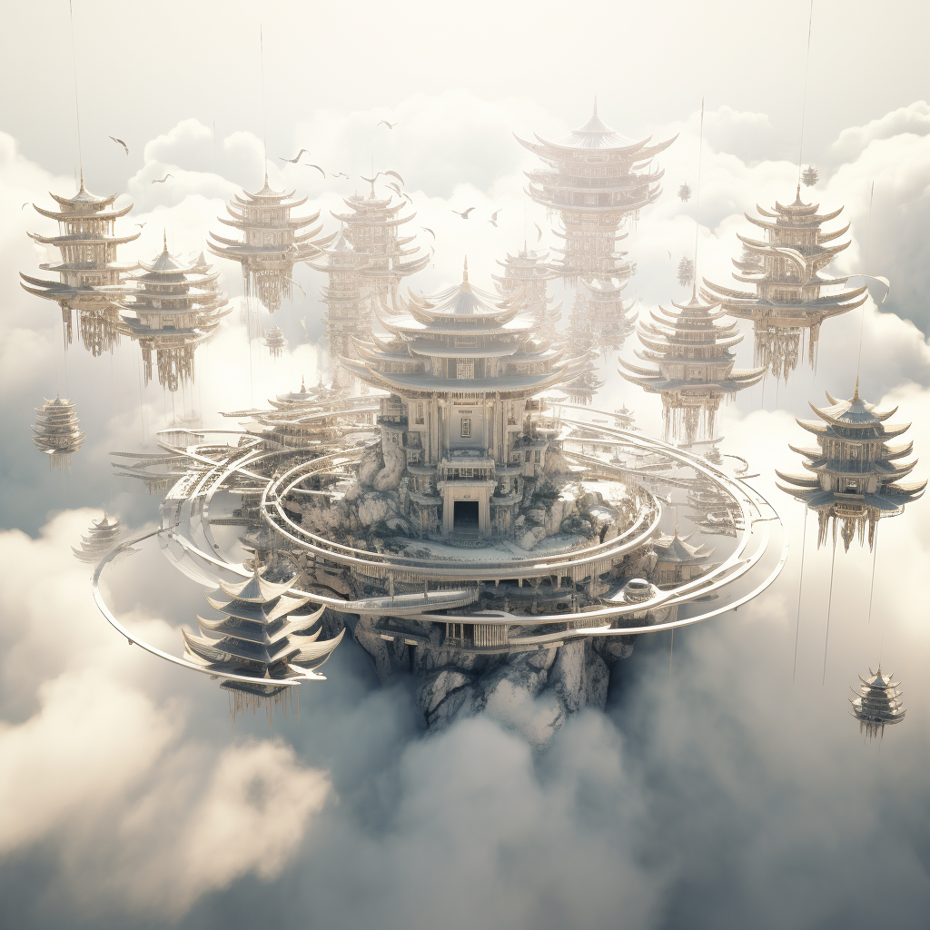 Floating Asian Temples Connected in Clouds