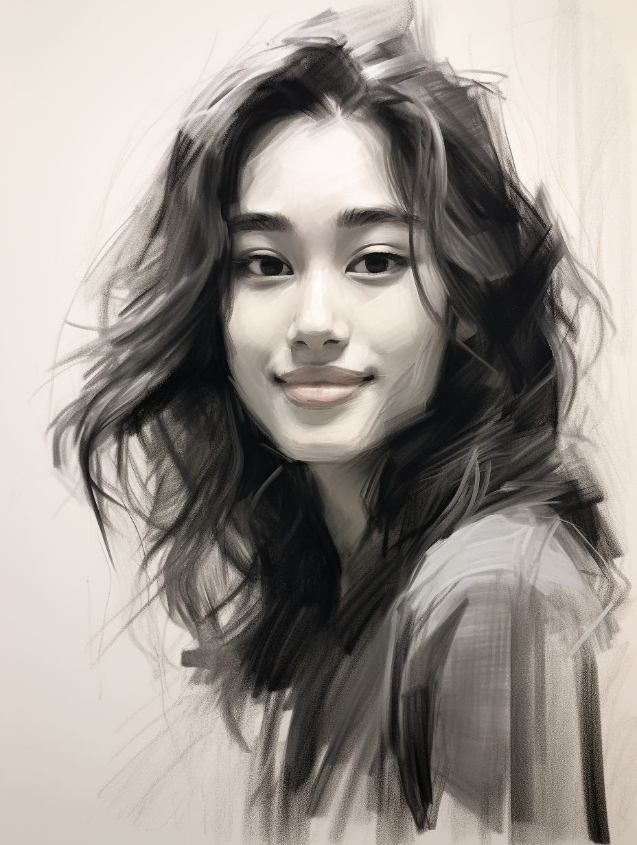 Charcoal sketch of a smiling Asian woman in her early 20s