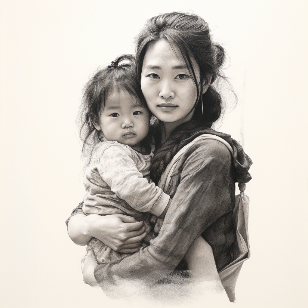 Charcoal drawing of an Asian woman carrying a baby