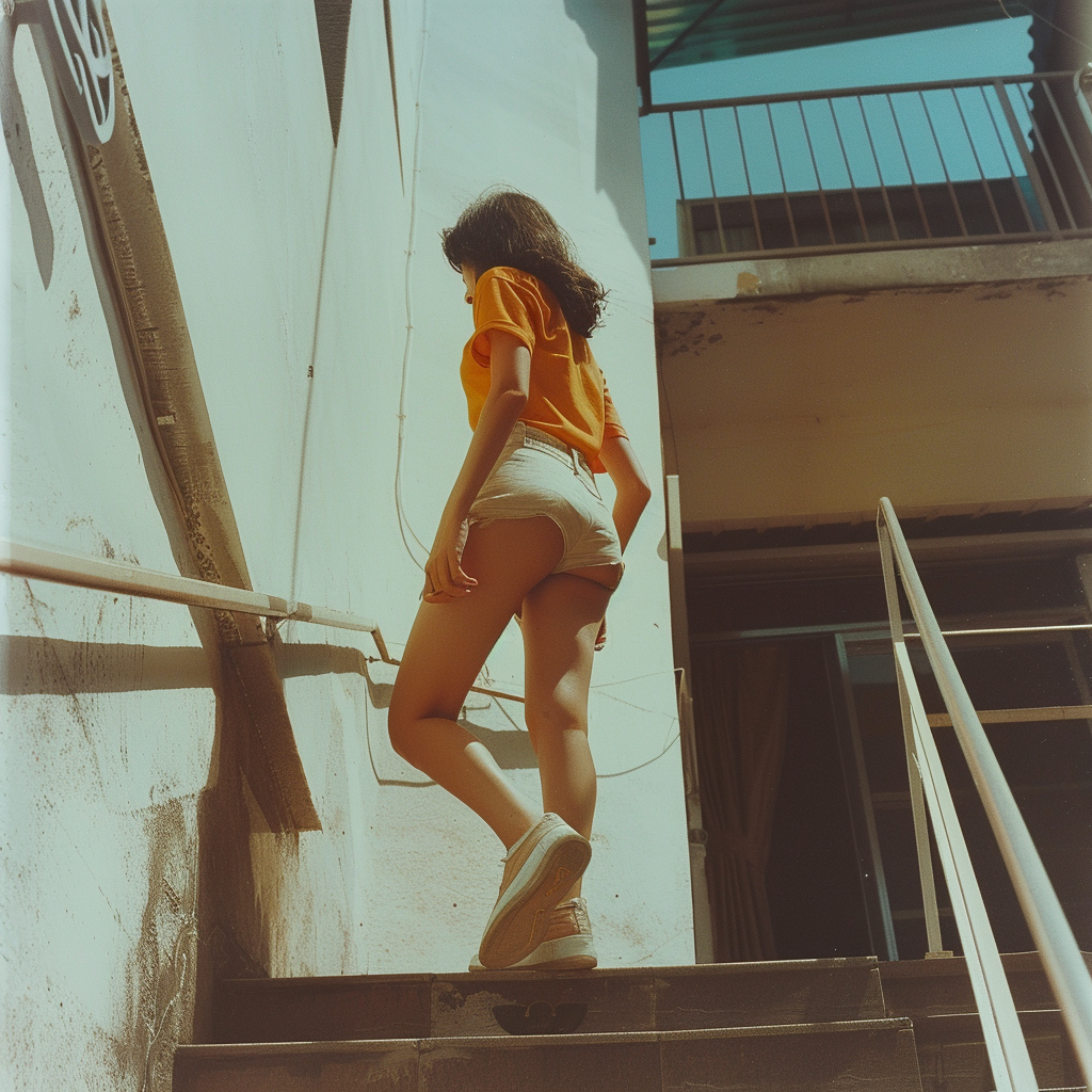 Asian Woman Climbing Stairs Closeup