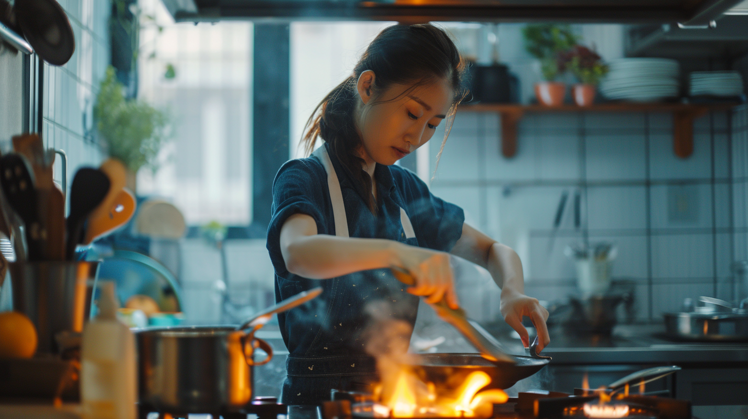 Asian woman cooking on gas hob