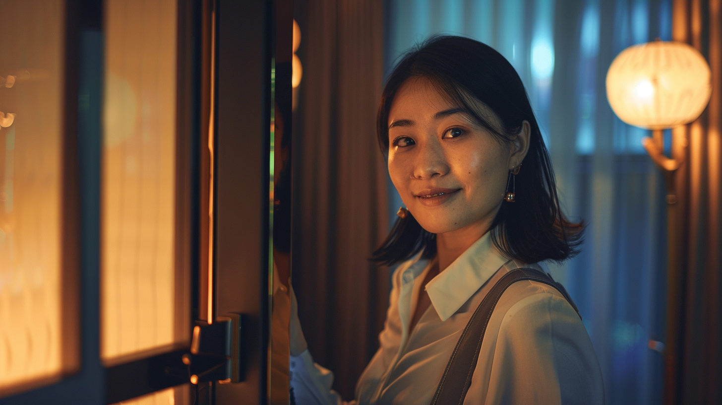 Asian Woman Hotel Night Door