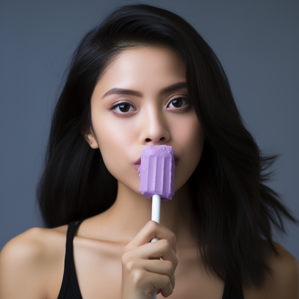 Asian woman licking purple popsicle