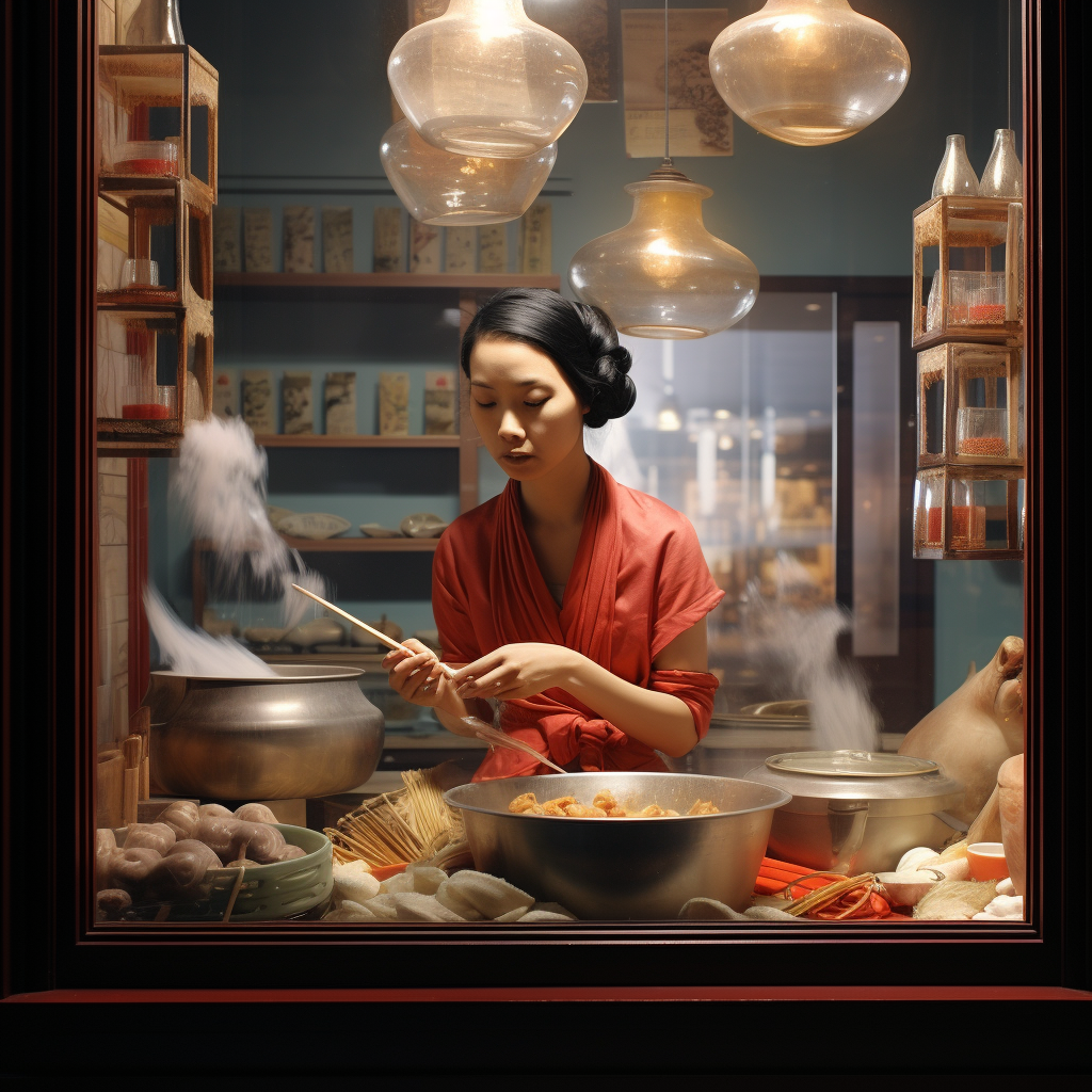 Asian woman expertly making noodles