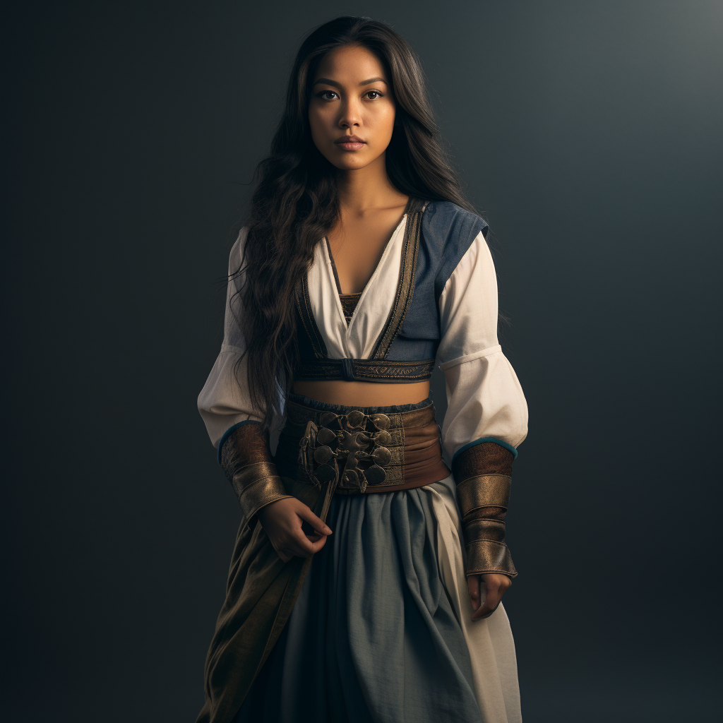 Stylish Asian woman in medieval thief attire and flip flops