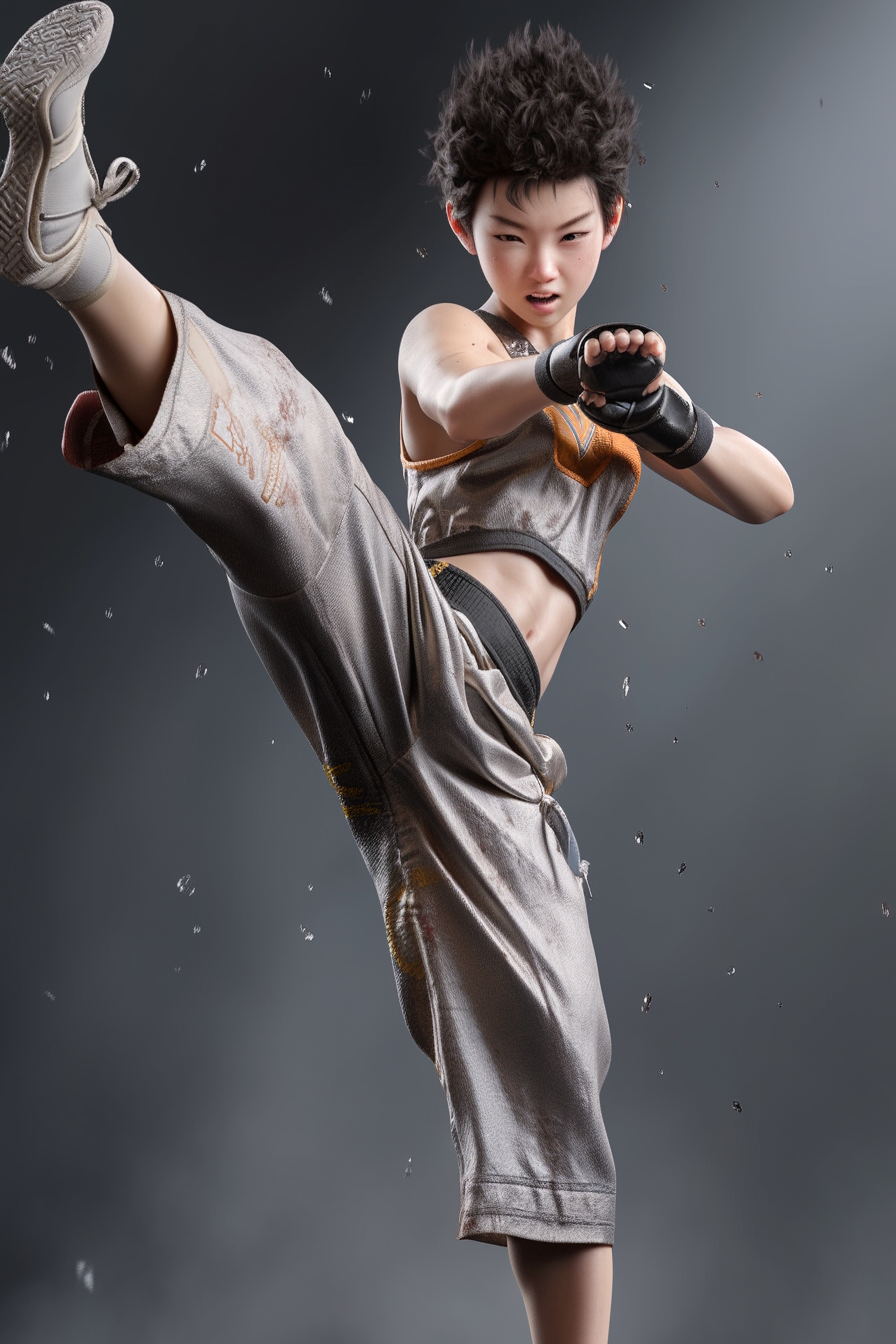 Asian woman MMA fighter kicking with power