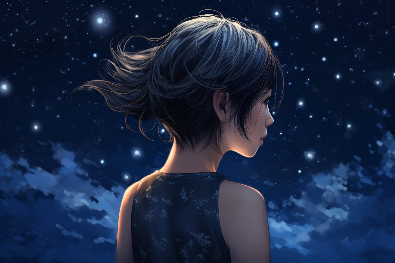 Asian woman night sky stars back