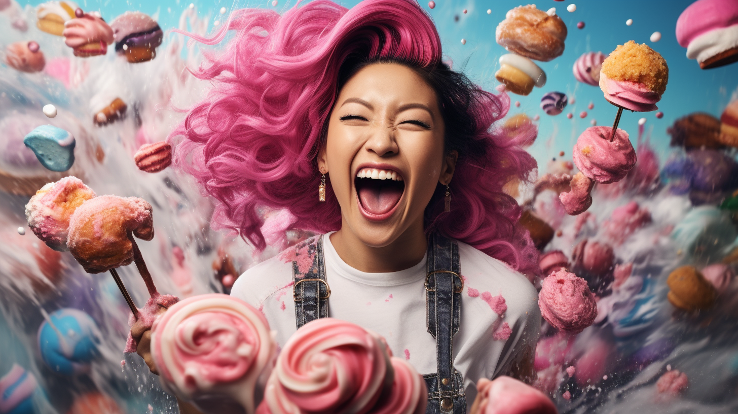 Pink-haired Asian Woman Brushing Teeth amidst Pink-colored Food and Desserts