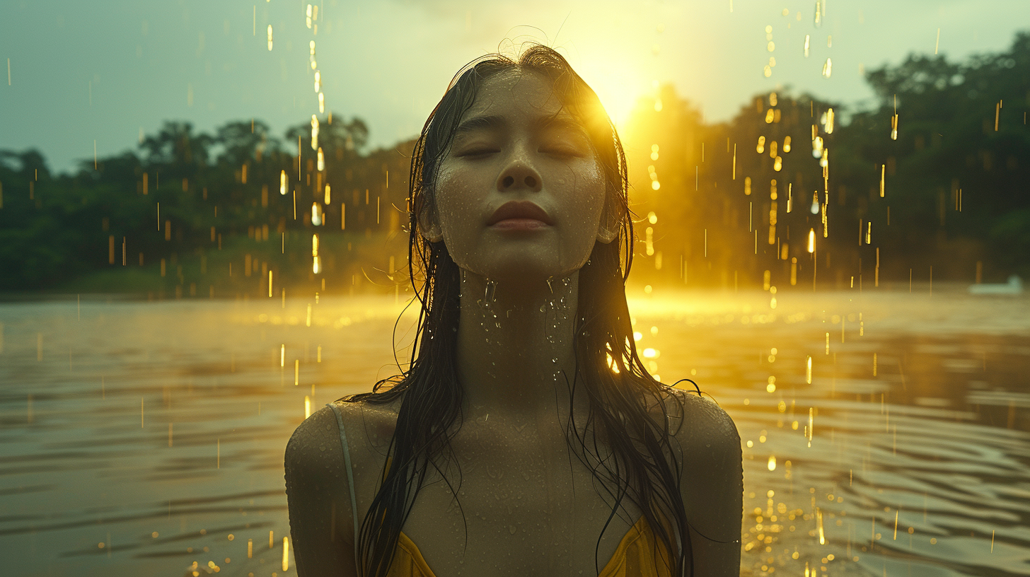 Asian woman playing in rain rice forest