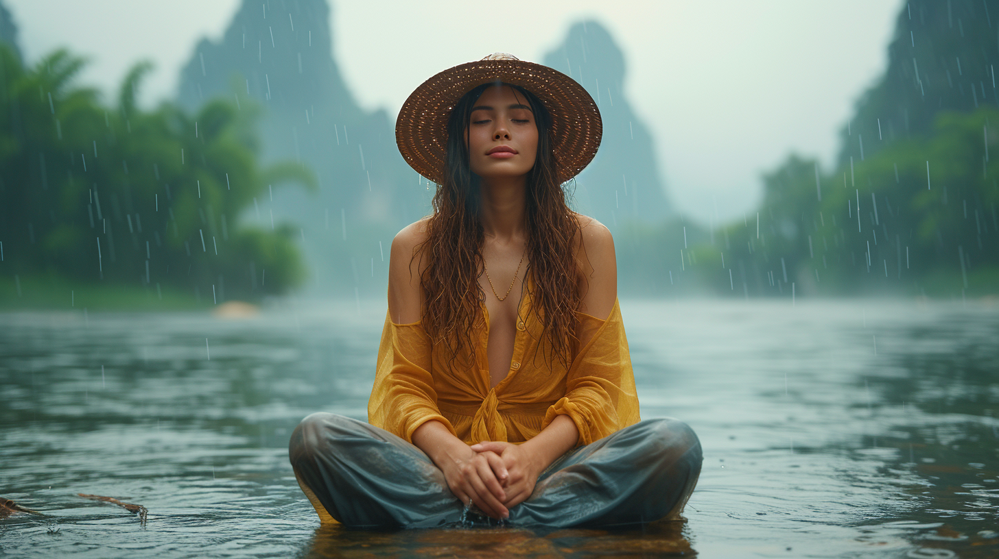 Asian woman playing in rain