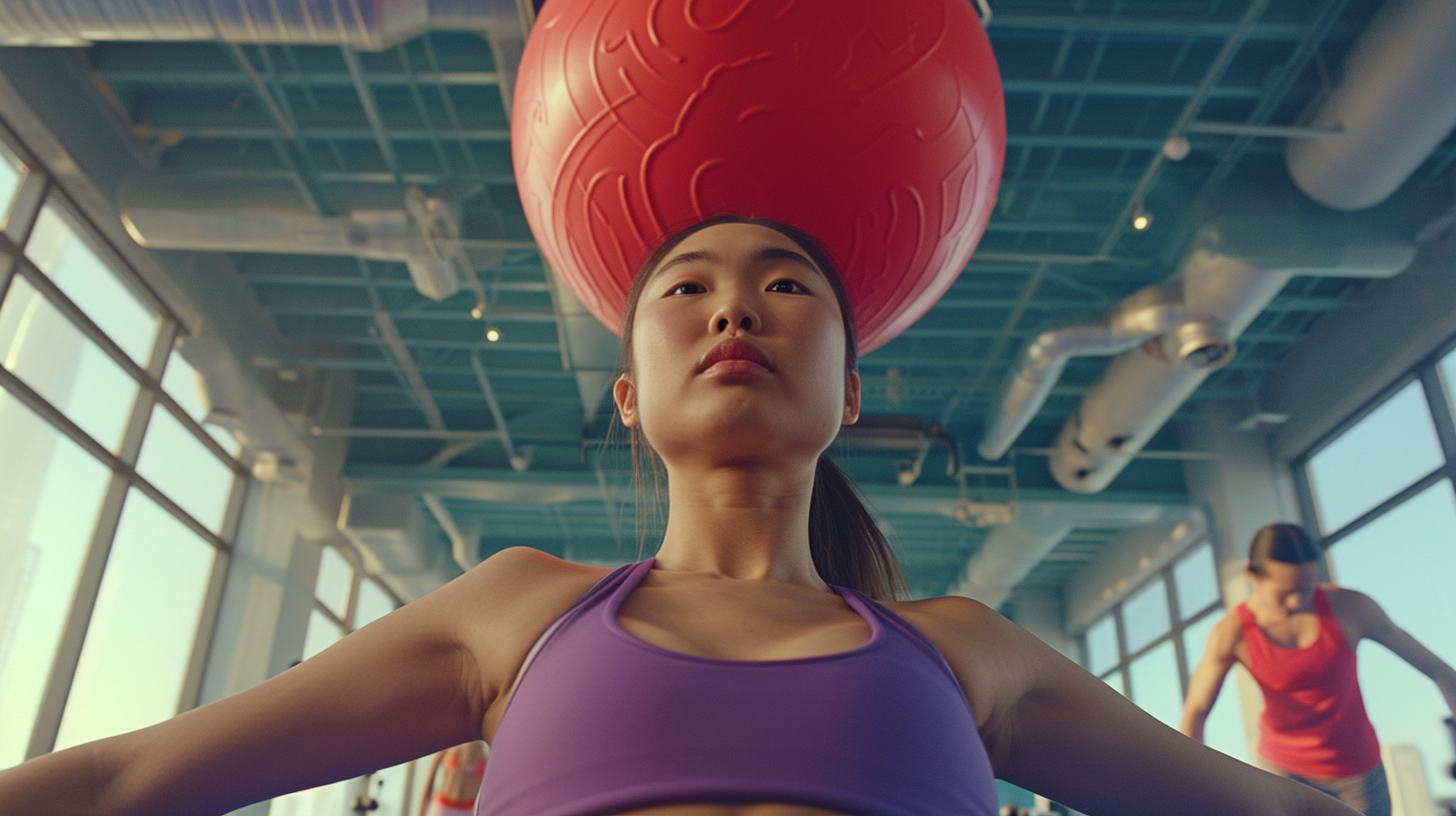 Asian woman doing situps in gym