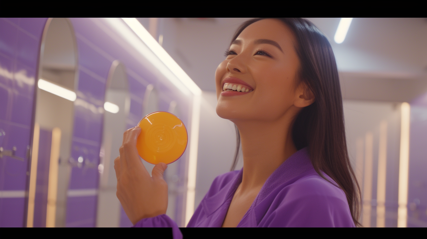 Asian woman in purple outfit smiling in mirror