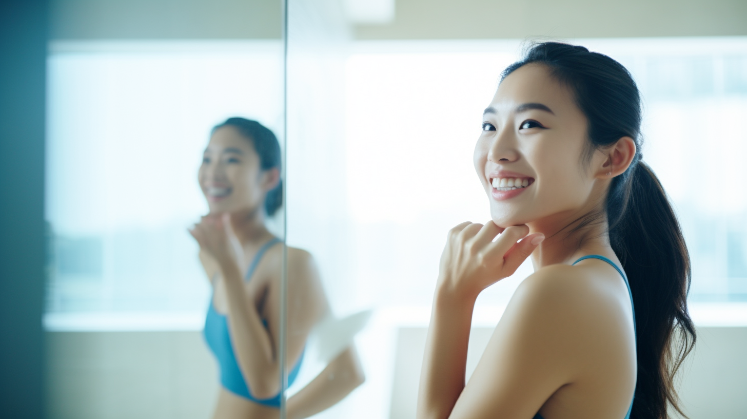 Asian woman smiling at mirror