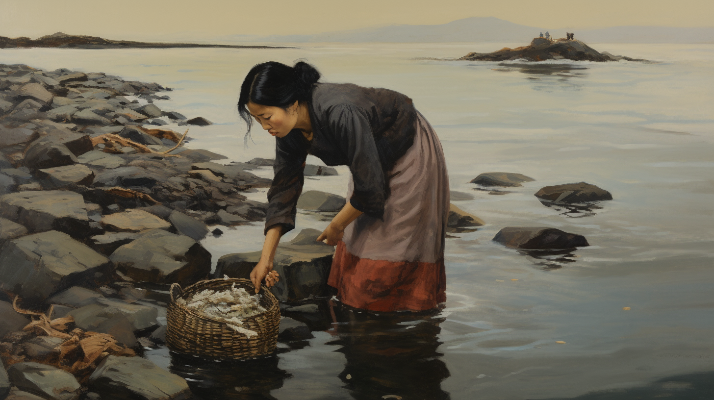 Asian woman gathering oysters in the 1960s