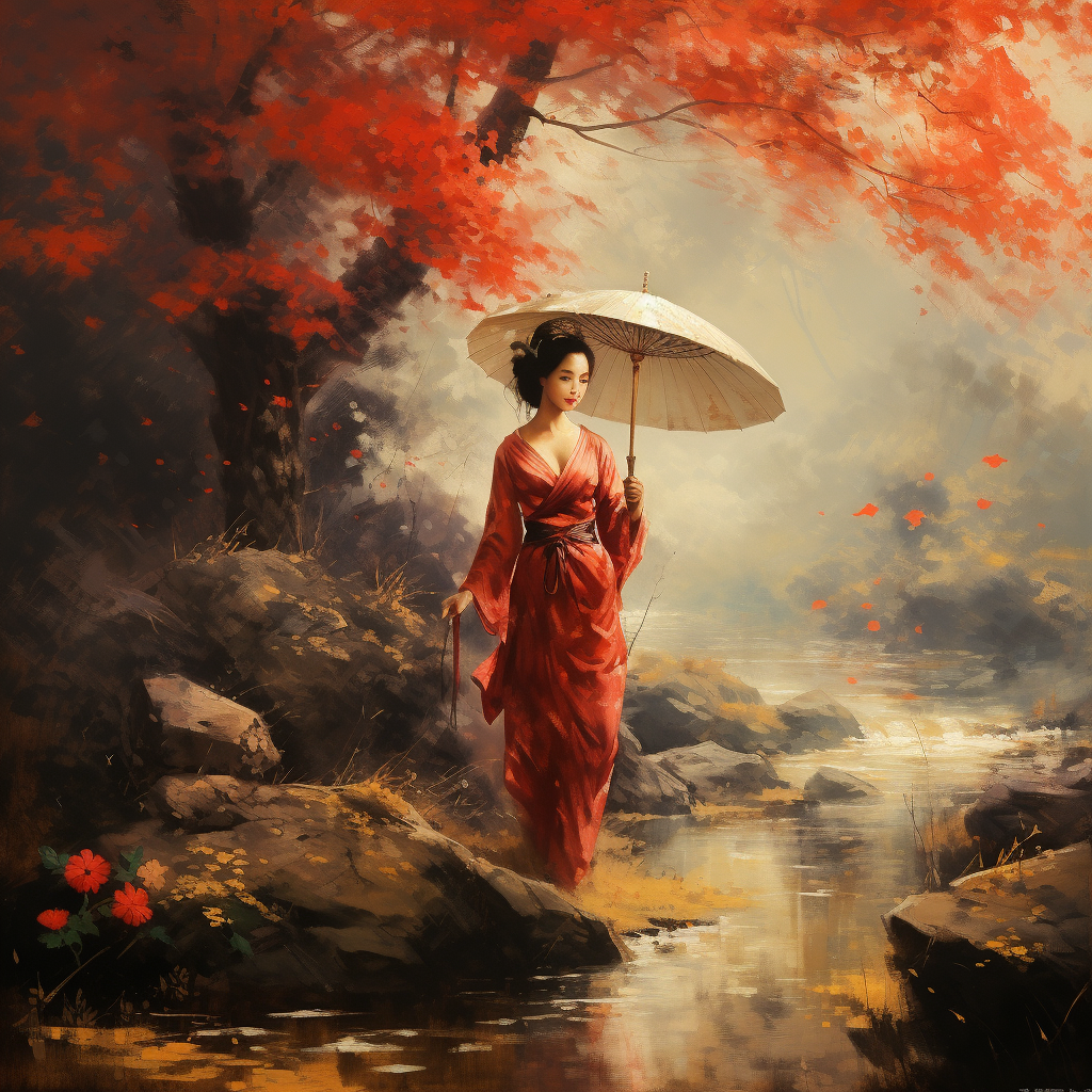 Asian woman with umbrella in nature