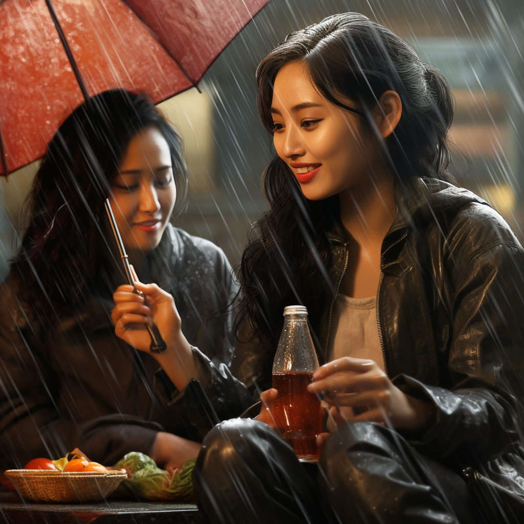 Asian women enjoying rain with soda bottle