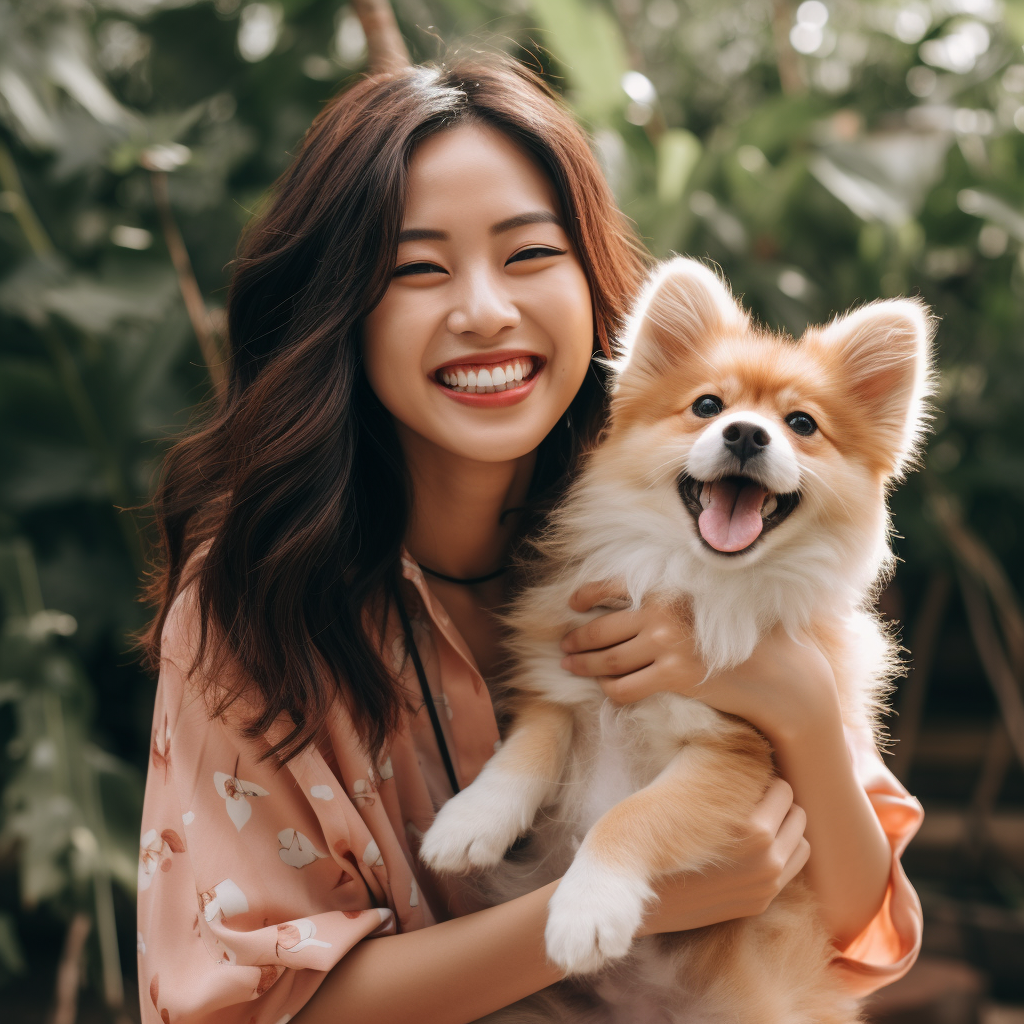 Asian Women with Cat and Dog, Happy Mood