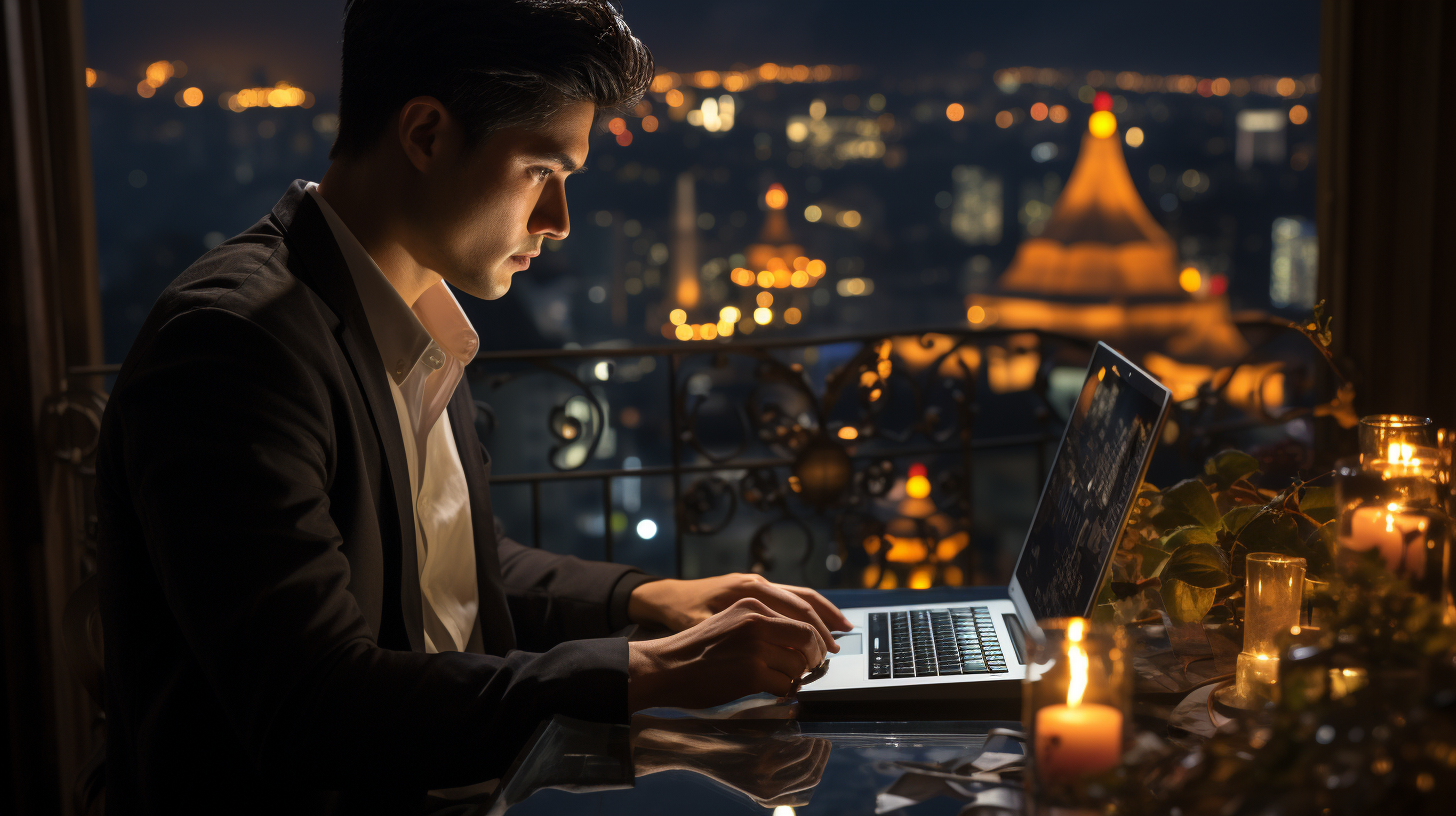 Asian person writing on laptop in luxury penthouse