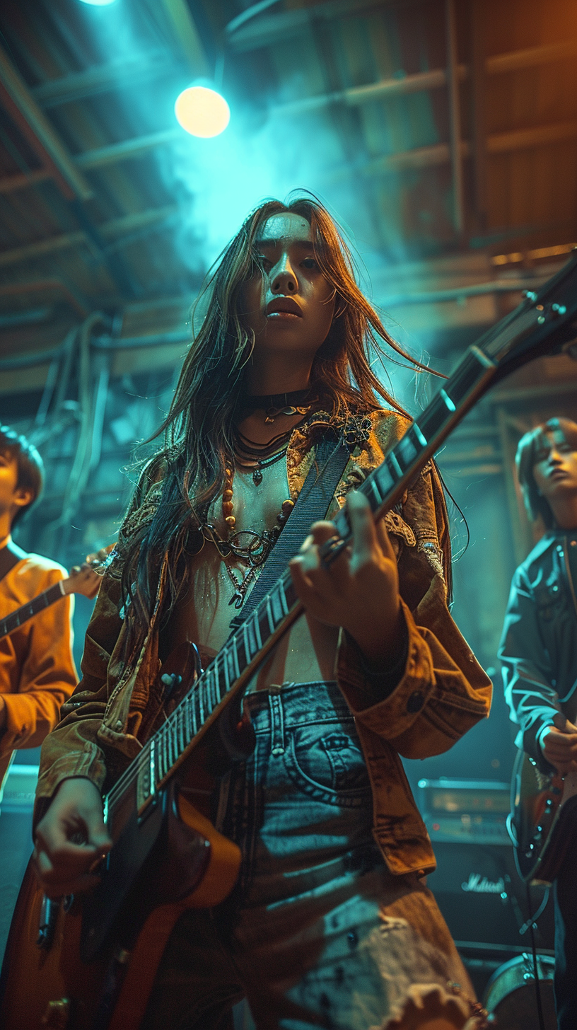 Four Asian youths playing musical instruments joyfully