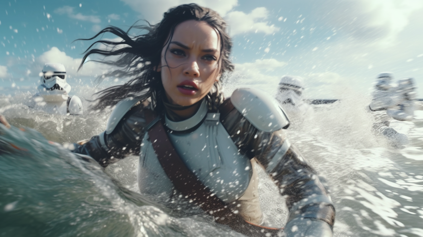 Asian model playing with storm troopers on a sunny day