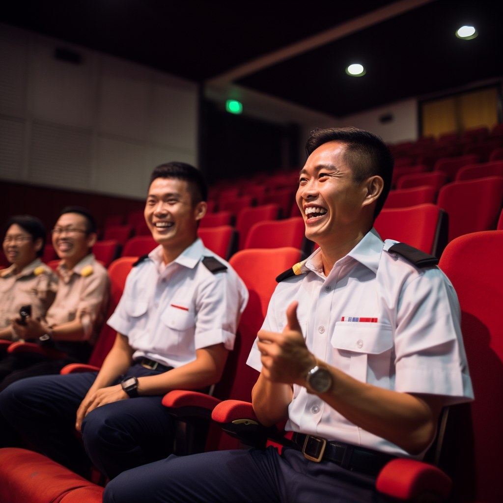 Two Asian fire officers giving fire prevention talk