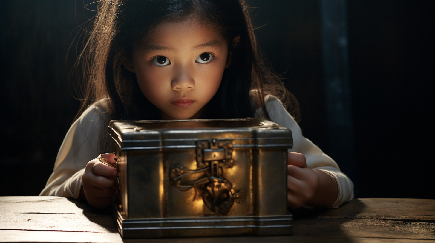 Curious Asian girl examines closed metallic box