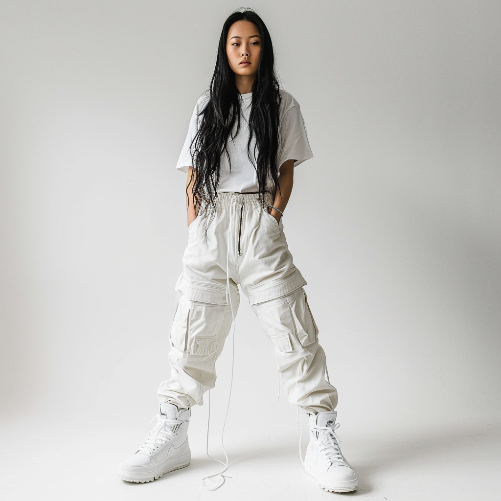 Asian girl in studio with streetwear attire